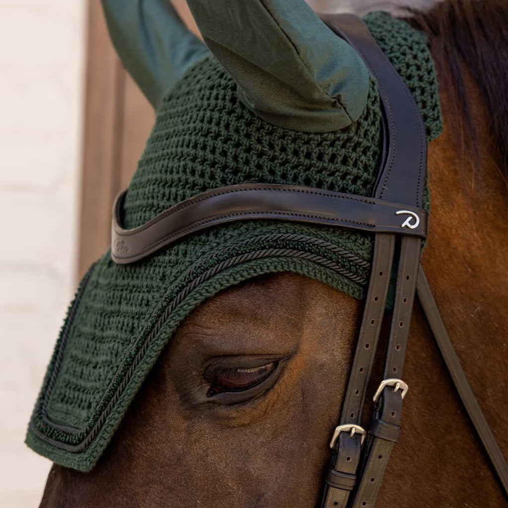 Kentucky Horsewear Wellington Fly Veil Velvet Mini Pearls in Pine Green.
