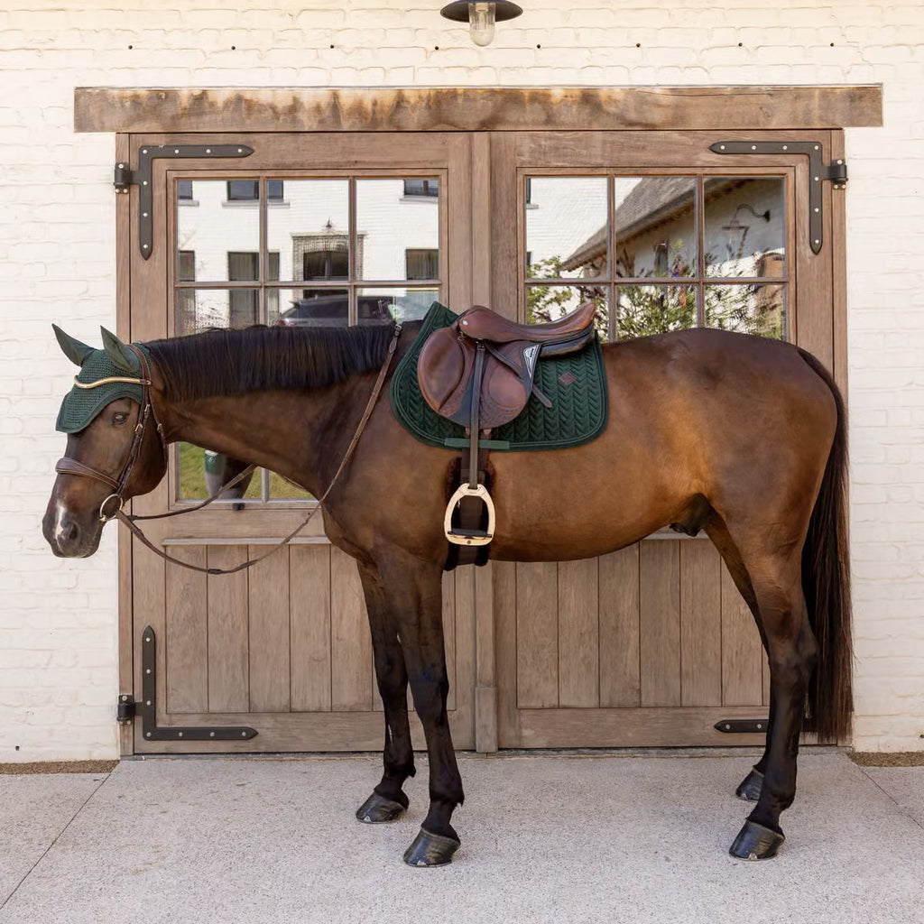 Kentucky Horsewear Wellington Fly Veil Velvet Mini Pearls in Pine Green.