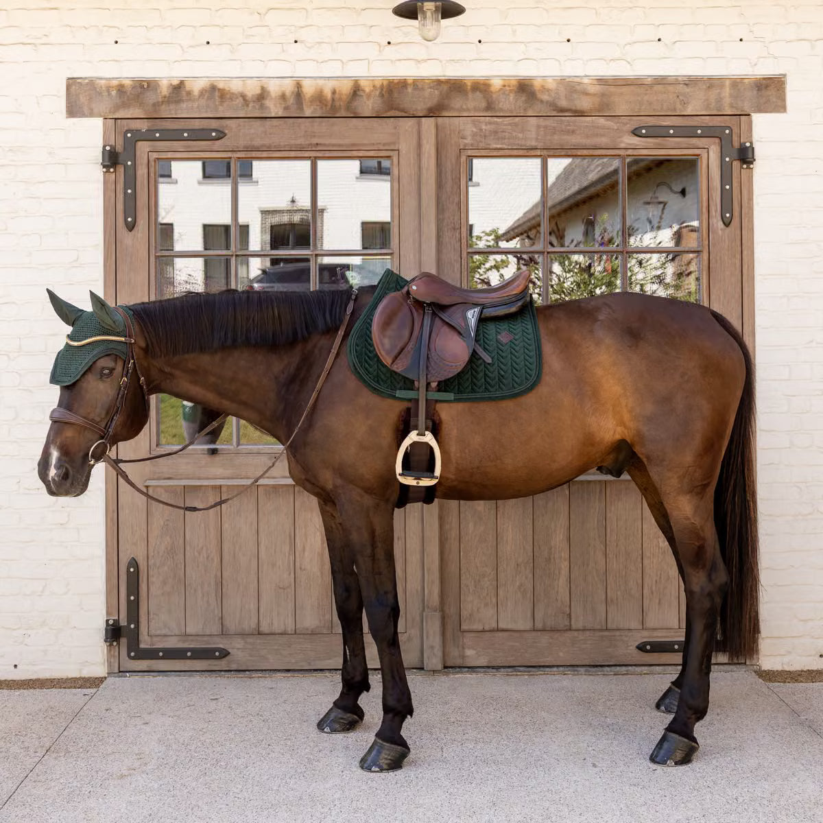 Kentucky Horsewear Wellington Fly Veil Velvet Mini Pearls in Pine Green.