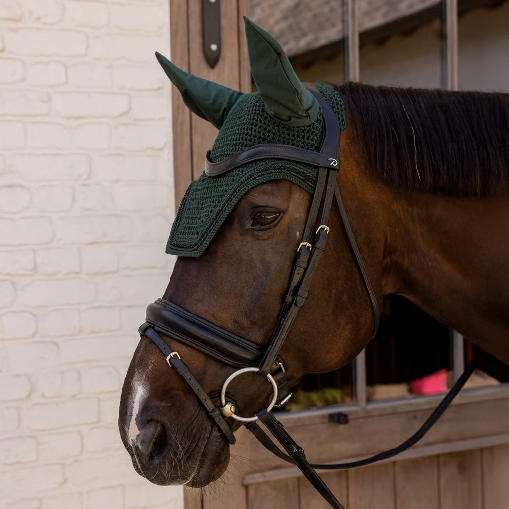 Kentucky Horsewear Wellington Fly Veil Velvet Mini Pearls in Pine Green.